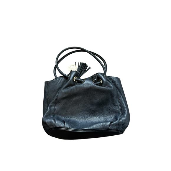 Michael Kors Black Gold-Tone Hardware Tasseled Leather Top Handle Bucket Bag - Picture 11 of 15